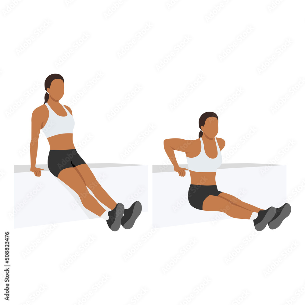 Naklejka premium Woman doing tricep dips exercise. Flat vector illustration isolated on white background