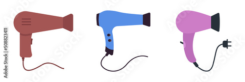 A simple flat hair dryer. Hair care tools for hairdressing salon and home. Vector isolated illustration or icon set. Barber shop