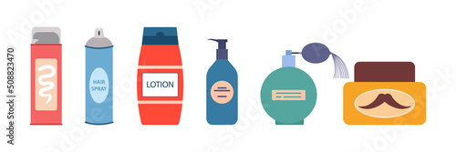 Bottle with lotion. Lotions Aftershave. After Shave Lotion. Tonic. Cologne. Micellar water. Flat vector illustration or icon set. Barber and barbershop. Perfume
