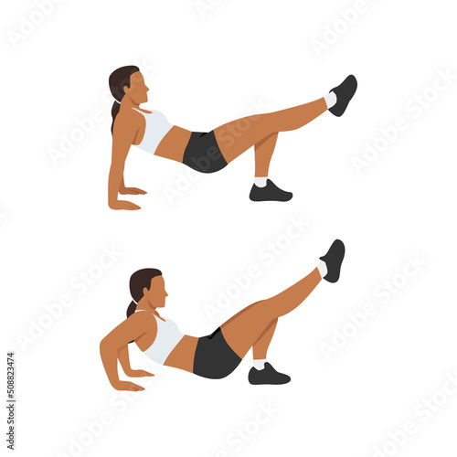 Woman doing Single leg trice dips exercise. Flat vector illustration isolated on white background