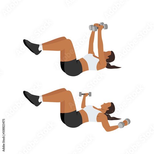 Woman doing Chest fly exercise. Flat vector illustration isolated on white background