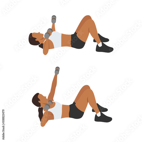 Woman doing Chest press punch up exercise. Flat vector illustration isolated on white background