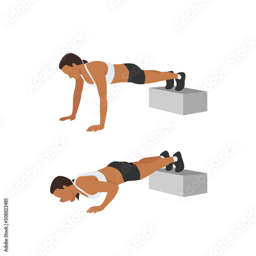 Woman doing decline push up exercise. Flat vector illustration isolated on white background
