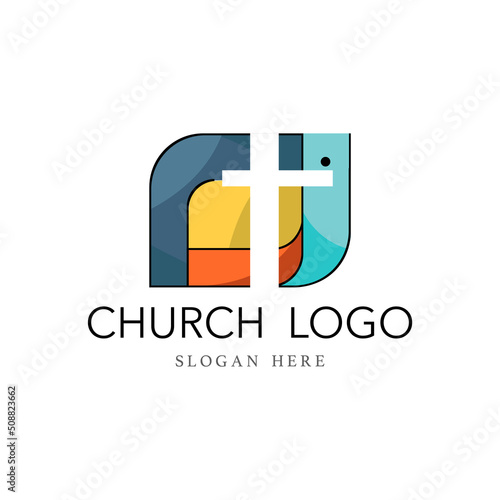 Church logo with cross design vector illustration isolated on white background. Modern logo template for christian church of charity. Christianity symbol of Jesus Christ. The cross of Jesus line art. 