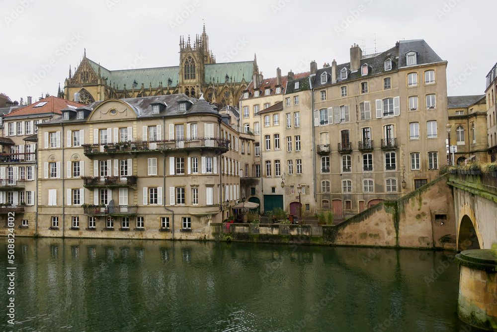 Houses facing the Moselle in Metz (Lorraine), France.