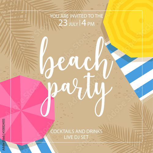 Summer beach party invitation banner, poster or flyer suitable for holiday exotic events. Vector illustration with beach umbrella and towel on the seaboard covered by the shadow of palm leaves.