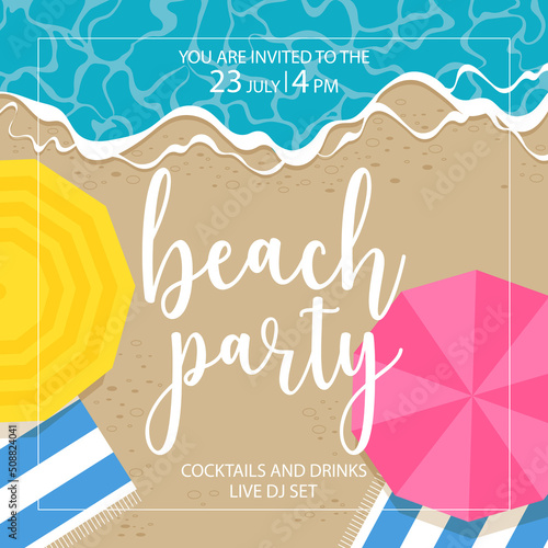 Beach party banner with blue ocean or sea waves rolling on the seashore and umbrellas with towels laid out on the sand. Exotic tropical holiday invitation for summer events on the seaside.