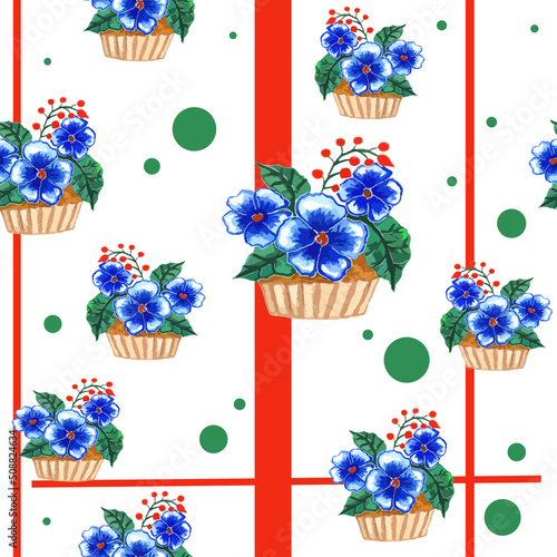 beautiful watercolor seamless pattern of cake basket, cupcakes decorated with three blue flowers on striped red background. elegant floral print for fabric, diary, bed linen, menu, bags