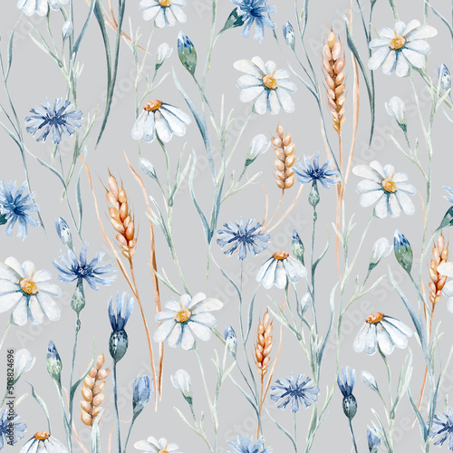 Watercolor wildflowers seamless pattern with poppy, cornflower chamomile, rye and wheat spikelets background