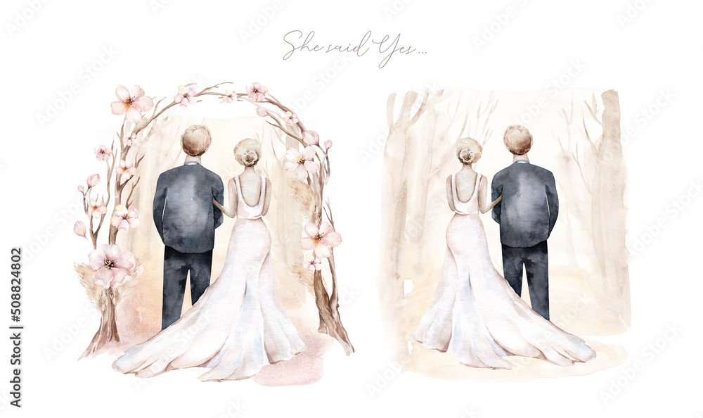 Watercolor couple bride and groom in boho ceremony style wedding. arch ...