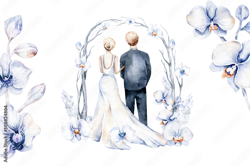 Watercolor couple bride and groom in boho ceremony wiinter style ...