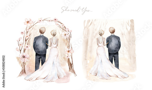 Watercolor couple bride and groom in boho ceremony style wedding. arch with tree branches. marriage illustration. Love wedding invitation. save the date.