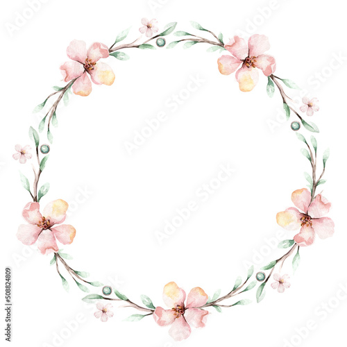 Watercolor floral frame wreath with gold orchid, cherry blossom, cotton head, palm leaves, beige and rose color, white, pink, vivid flowers, green leaves, for wedding greeting card. fashion background
