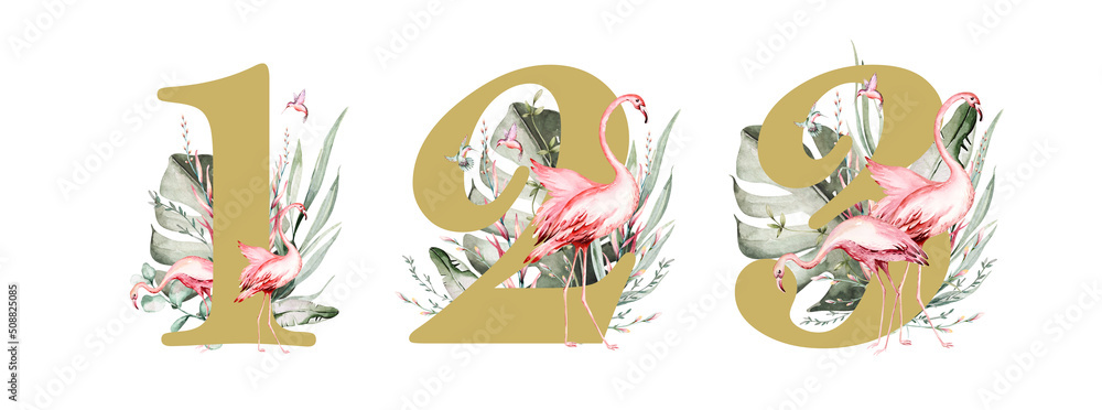 Fototapeta premium Tropical watercolor birds hummingbird, monkey and jaguar, exotic jungle plants palm banana leaves flowers, flamingo pastel color seamless fabric background
