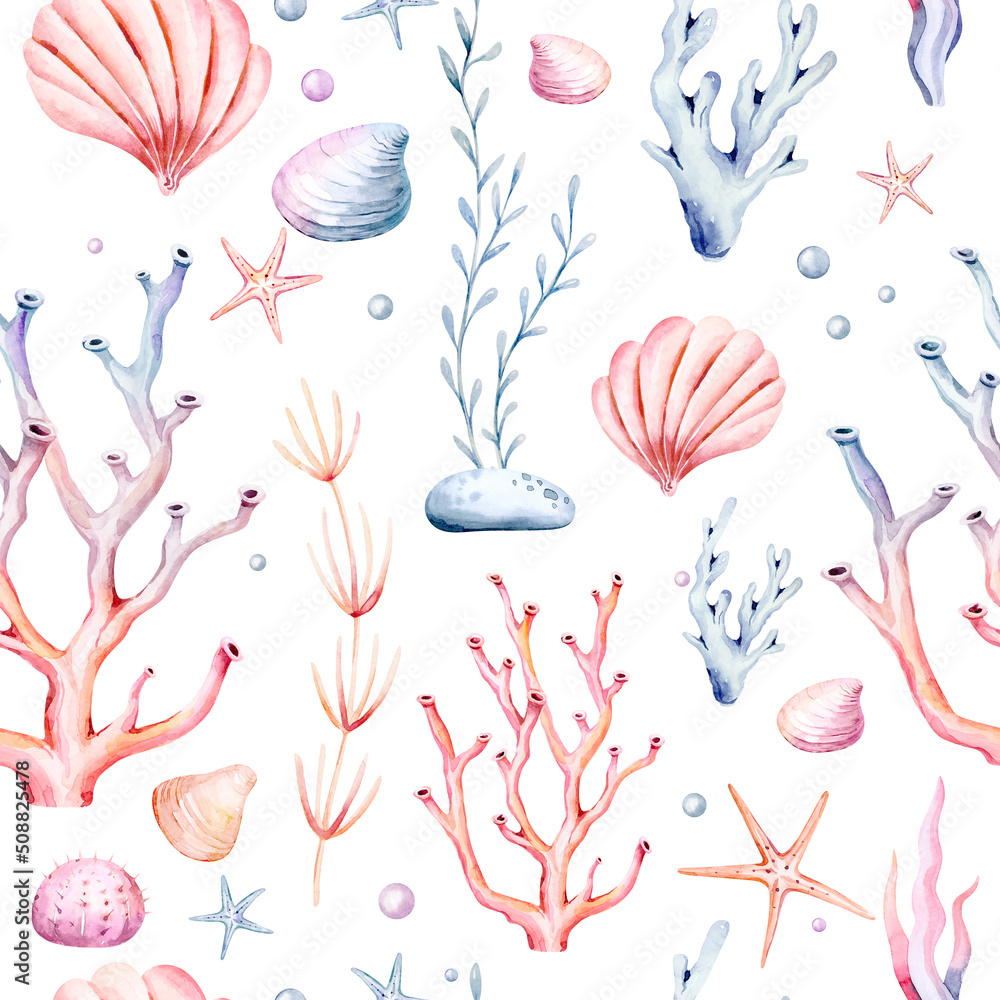 Watercolor seaweeds seamless pattern. Sea underwater plants, ocean ...