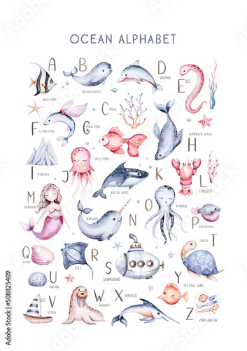 Kids alphabet of sea animals. Blue watercolor ocean fish, turtle, whale and coral. Shell aquarium mermaid submarine printable poster. Nautical dolphin marine illustration, jellyfish, starfish