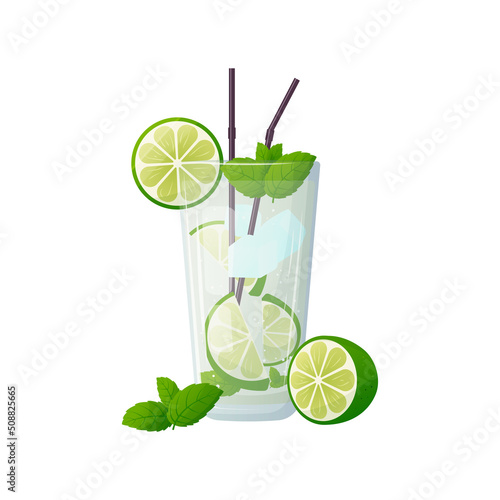 Mojito cocktail with lime, mint, and ice. Vector illustration isolated on a white background.