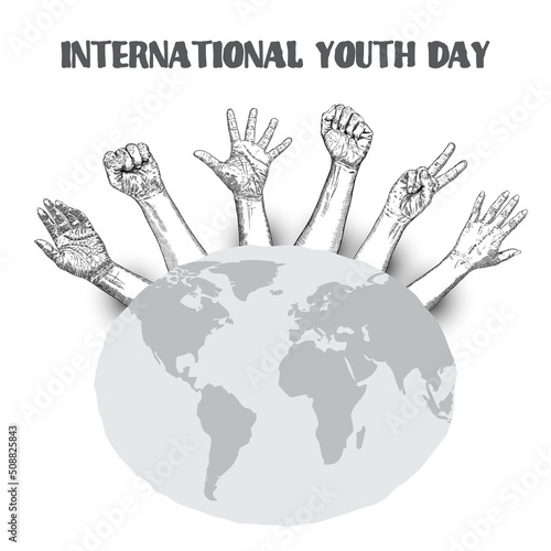 International Youth day design on annual 12 August celebration. Hand drawn sketch concept. Design of friendship day. Friends day. Vector.