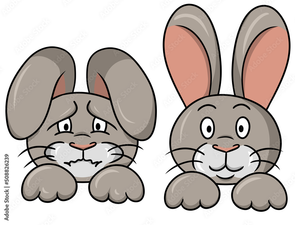 A set of cute little rabbits, a cartoon-style rabbit smiling and sad