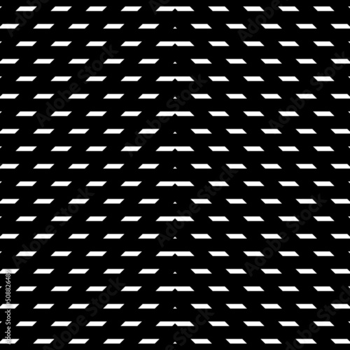 Seamless surface pattern design with polygons ornament. White parallelogram and triangles on black background. Dashed wallpaper. Strokes motif. Digital paper, textile print, web designing. Vector art