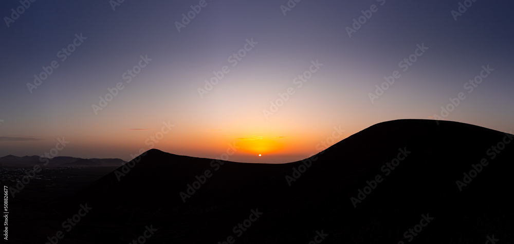 Sunset Panoramic Aerial view over Calderon Hondo Volcano Corralejo Fuerteventura