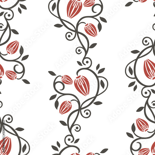 Seamless pattern of decorative vintage twigs with red flowers buds