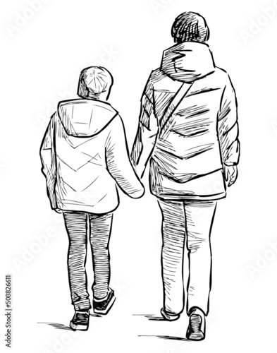 Sketch of young mother with teen son walking outdoors