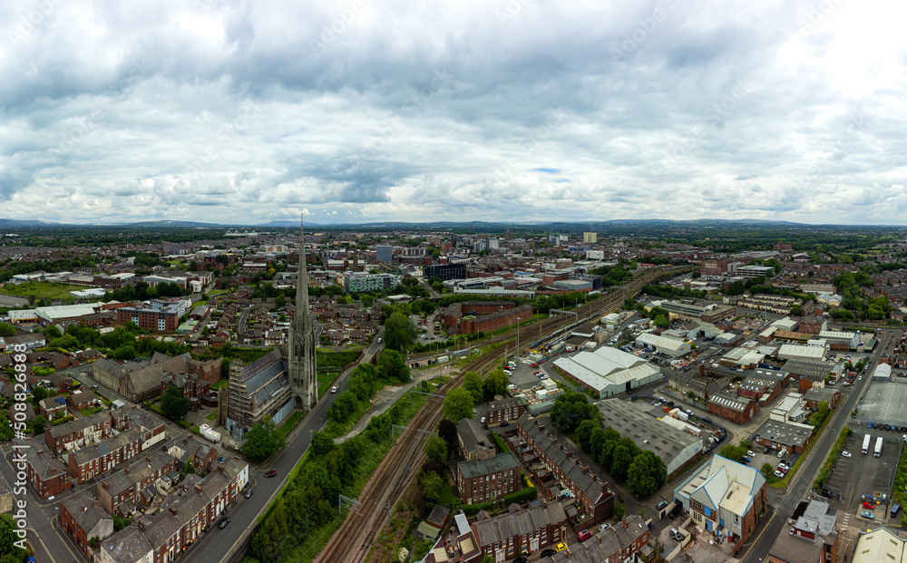 Aerial Panoramic View of Preston City center Lancashire England