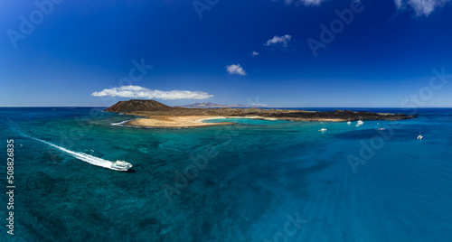 Beautiful Aerial Panorama of the Tropical looking Volcanic island of Lobos Fuerteventura
