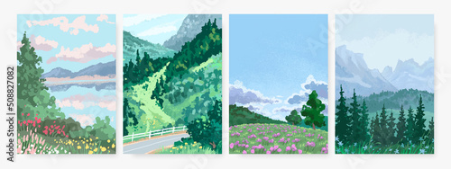 Set of hand drawn vector landscape background. Beautiful illustration of summer forest, field, lake and mountains. Summer holidays poster or banner design template