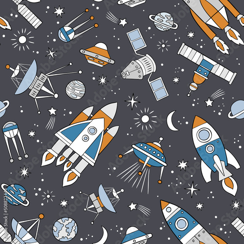 Hand drawn space crafts. Seamless vector pattern on dark grey background. Boyish pattern. Perfect for textile, wallpaper or print design. 