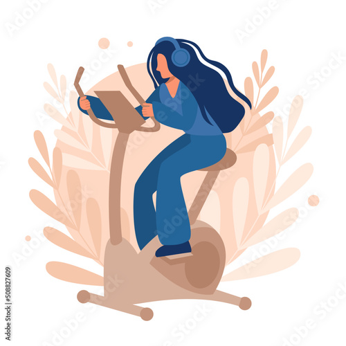 Girl on an exercise bike in headphones with lush hair on an abstract background. Illustration, vector, design