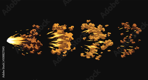 Gun flashes or gunshot animation. Collection of fire explosion effect during the shot with the gun. Cartoon flash effect of bullet starts. Shotgun fire, muzzle flash and explode