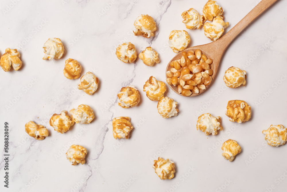 A bowl of popcorn with salted caramel A bowl of popcorn with salted caramel