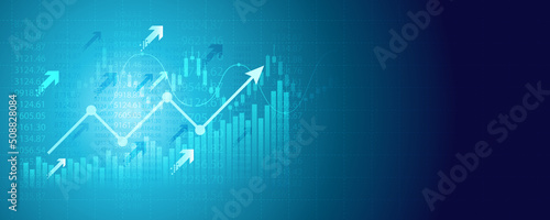 Financial graph with uptrend line and arrows in stock market on blue color background