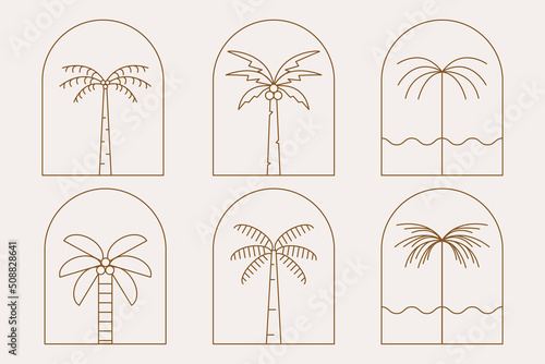 set palm tree badge logo line art vector illustration design