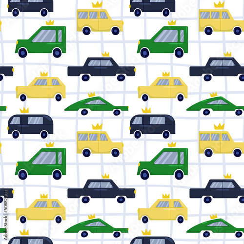 Vector pattern with cars  crowns and stripes