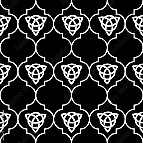 bushy white geometric pattern on black background, tile, symmetrical repeat pattern, texture, design