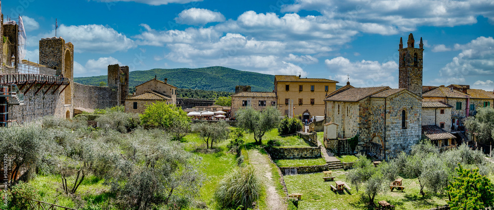 Panorama of the historic center of the medieval town of Monteriggioni Siena Tuscany Italy