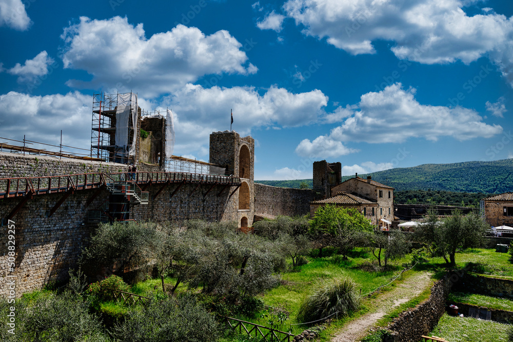 Panorama on the walkways on the walls in Monteriggioni Siena Tuscany Italy