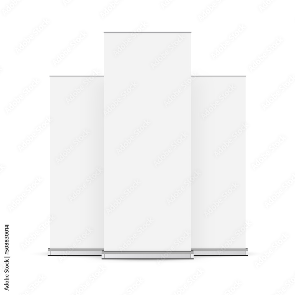 Set of Roll Up Banners Mockups, Front View, Isolated on White Background. Vector Illustration