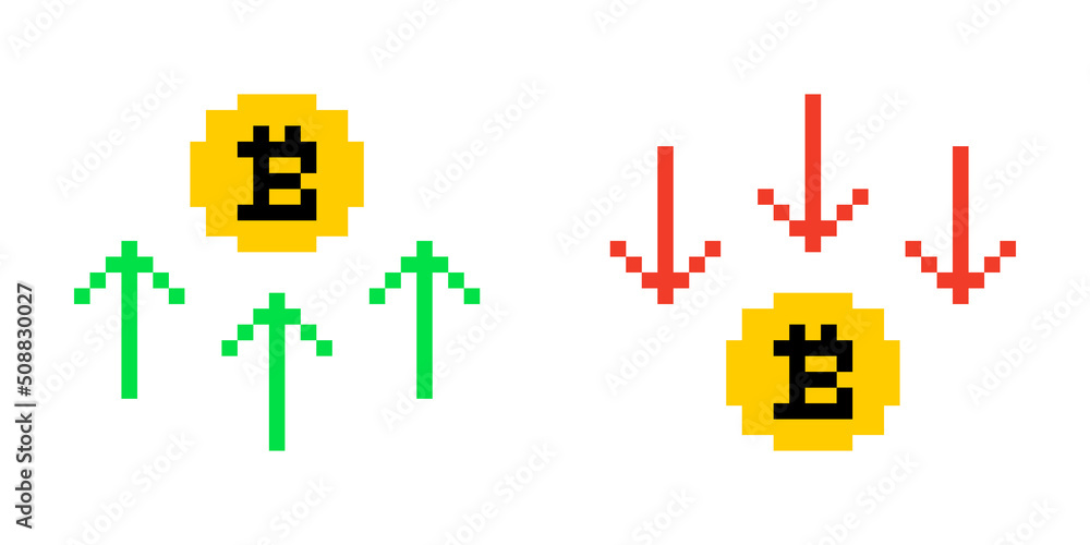 Fototapeta premium Bitcoin icon with up and down arrows. The rise and fall of the cryptocurrency.