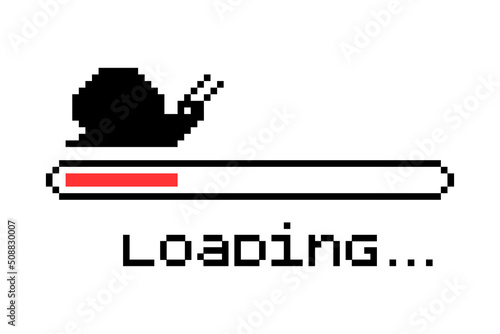 Pixel illustration of a snail with a loading bar and percentages.