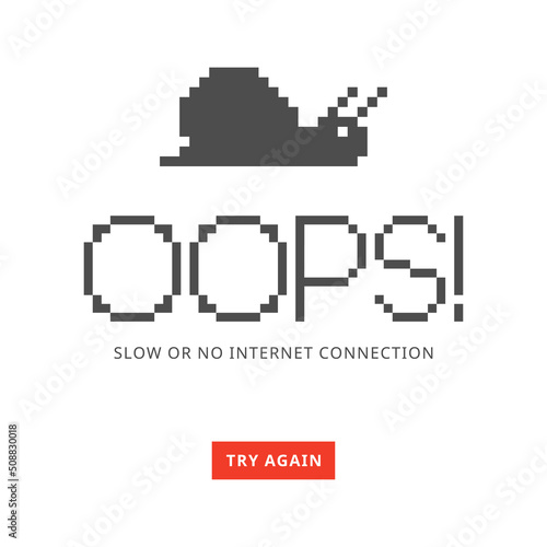 Pixel snail illustration with slow or no internet connection page on white background.