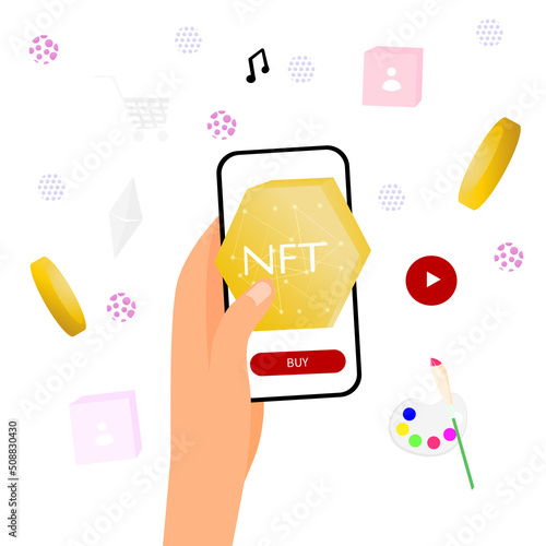 NFT, Non Fungible Token. use of Cryptocurrency from a mobile application for a Digital Transaction for the Purchase of unique objects. Vector illustration in a flat style