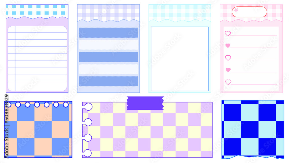 collection set of the cute aesthetic checkerboard paper, notepad, memo, planner, note, and journal. cute, simple, and printable