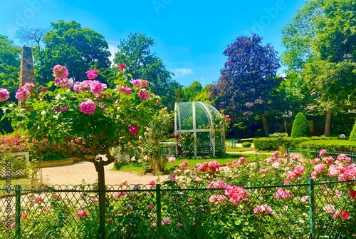 The beautiful rose garden at Square Rene le Gall in Paris