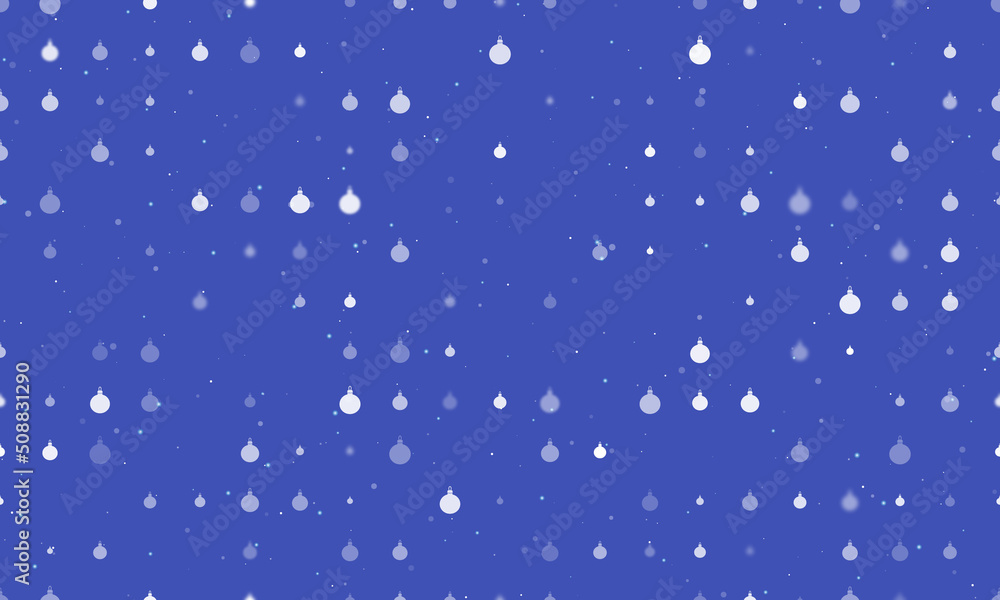 Seamless background pattern of evenly spaced white Christmas tree toys of different sizes and opacity. Vector illustration on indigo background with stars Seamless background pattern of evenly spaced white Christmas tree toys of different sizes and opacity. Vector illustration on indigo background with stars