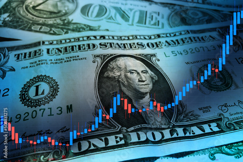 US dollar rising graph. US dollar stock market index chart. Soaring dollar. Strong dollar. Economic recovery of the United States of America. US economic and financial recovery. One dollar bill.