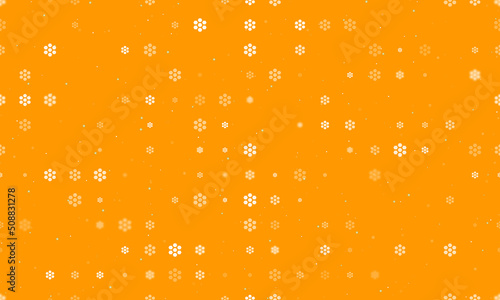 Seamless background pattern of evenly spaced white hive symbols of different sizes and opacity. Vector illustration on orange background with stars